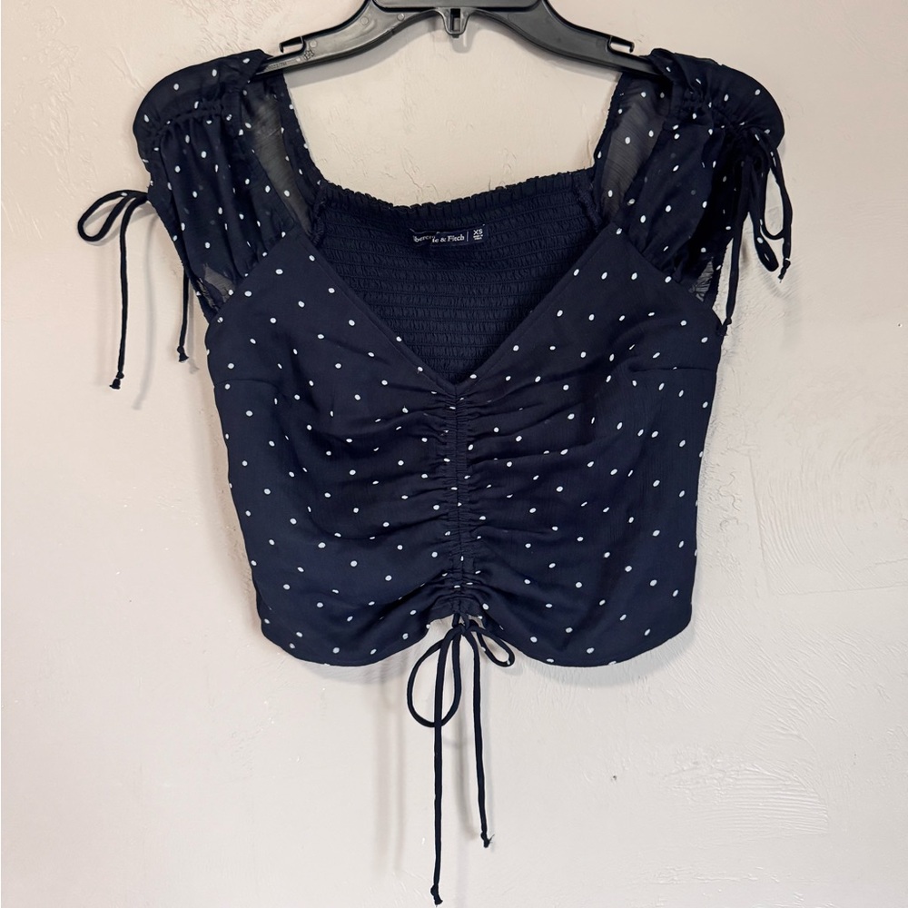 Abercrombie & Fitch Navy Polka Dot Ruched Crop Top